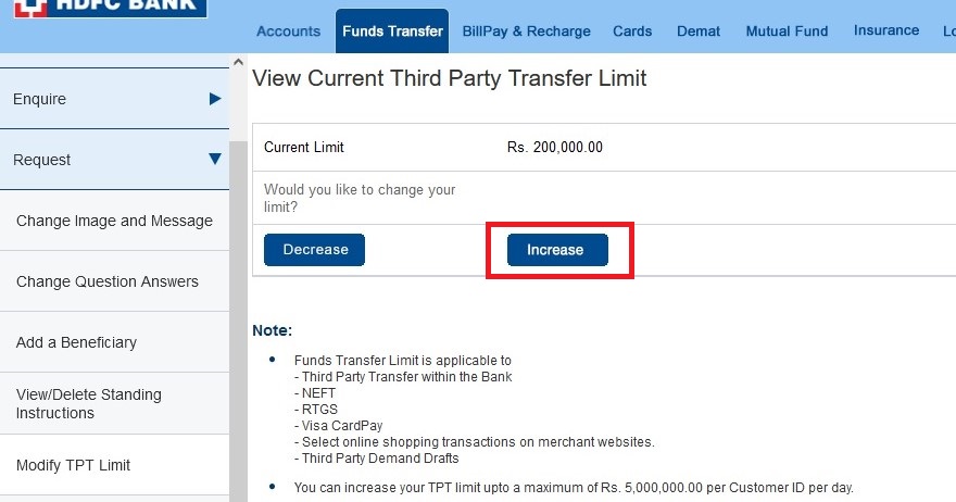 HDFC Beneficiary Limit Change