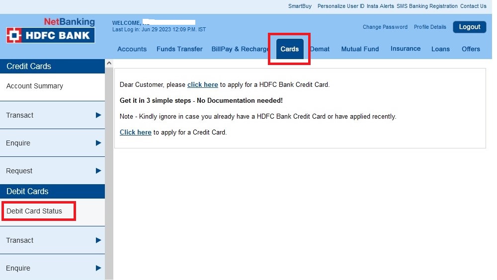 Check Hdfc Debit Card Status 9669