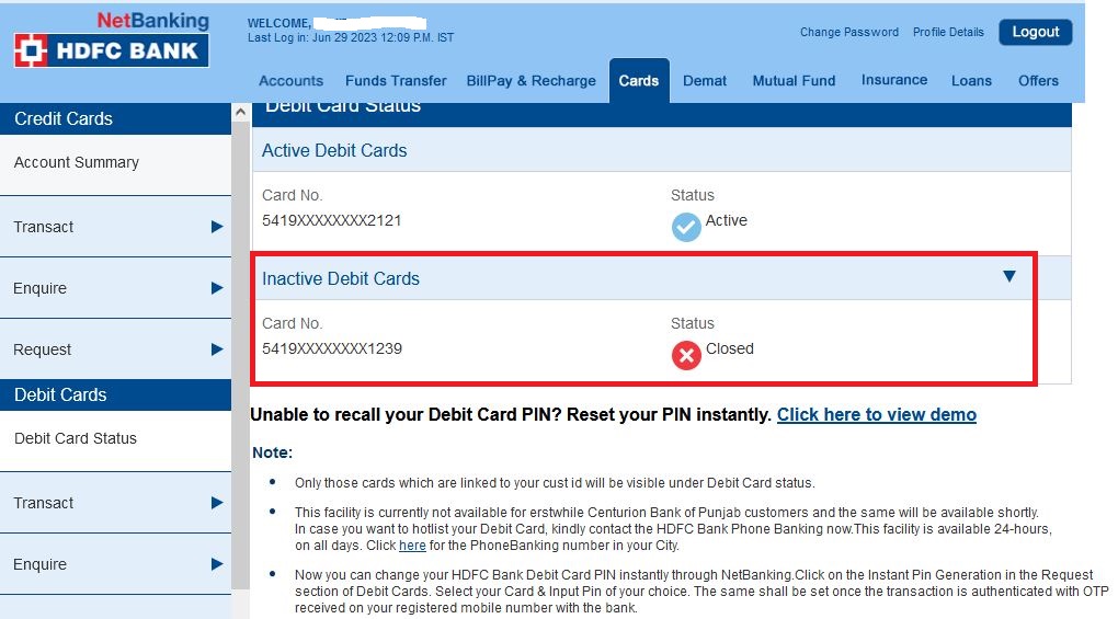 Check Hdfc Debit Card Status 1110