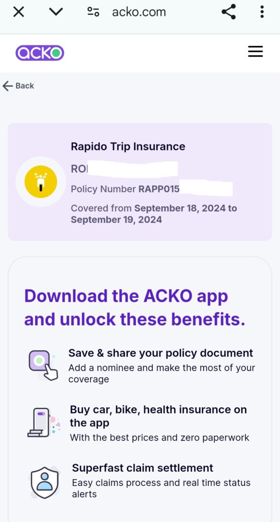 Rapido Acko Insurance